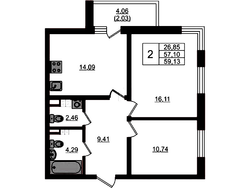 2-комнатная квартира 59.13 м², 3/4 эт., ЖК «Новая история»